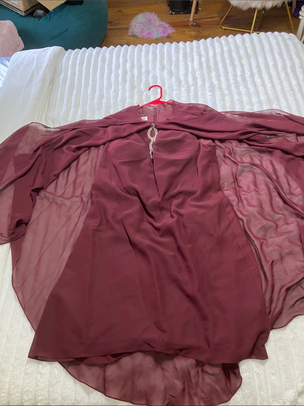 JJs House Burgundy Maxi Dress with Sheer Cape